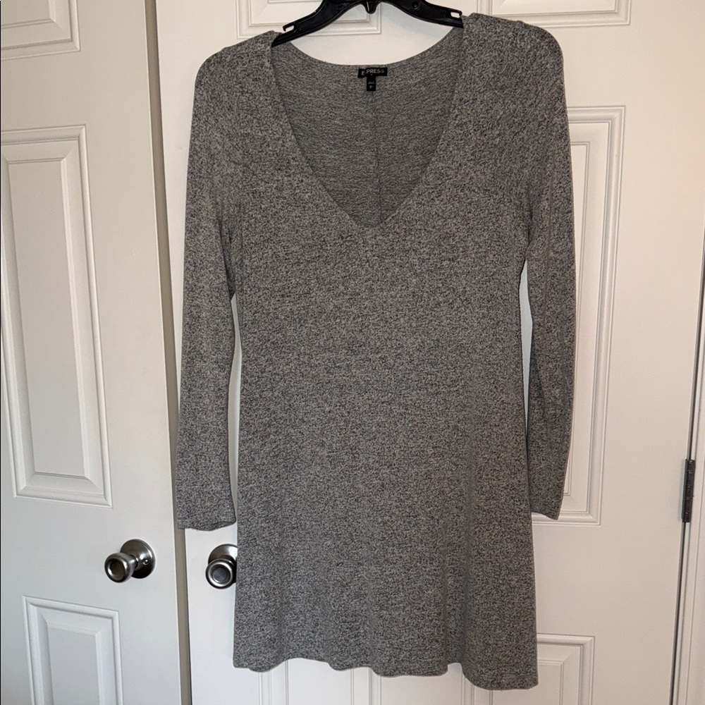Express Gray V-Neck Long Sleeve Tunic Dress